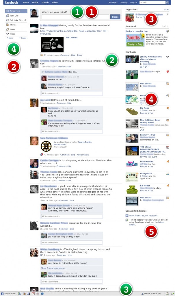 Some finer points of UI interest in the new Facebook redesign that represent a shift in philosophy. In green are the point I feel are improvements and in red are the points I'm not happy about for usability reasons or personal annoyance.