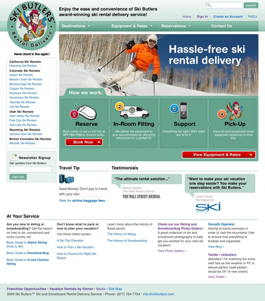 The newly redesigned home page for Ski Butlers.com
